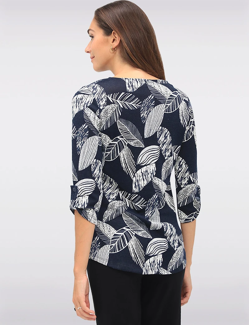 Textured Print 3/4 Sleeve Cuffed-Button  Tab Knit Top with Round Hem by Perle