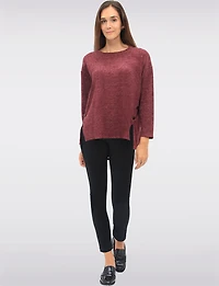 Soft Long-Sleeve Brushed Heather Knit Sweater with Side Button Details by Perle