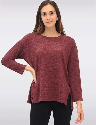 Soft Long-Sleeve Brushed Heather Knit Sweater with Side Button Details by Perle
