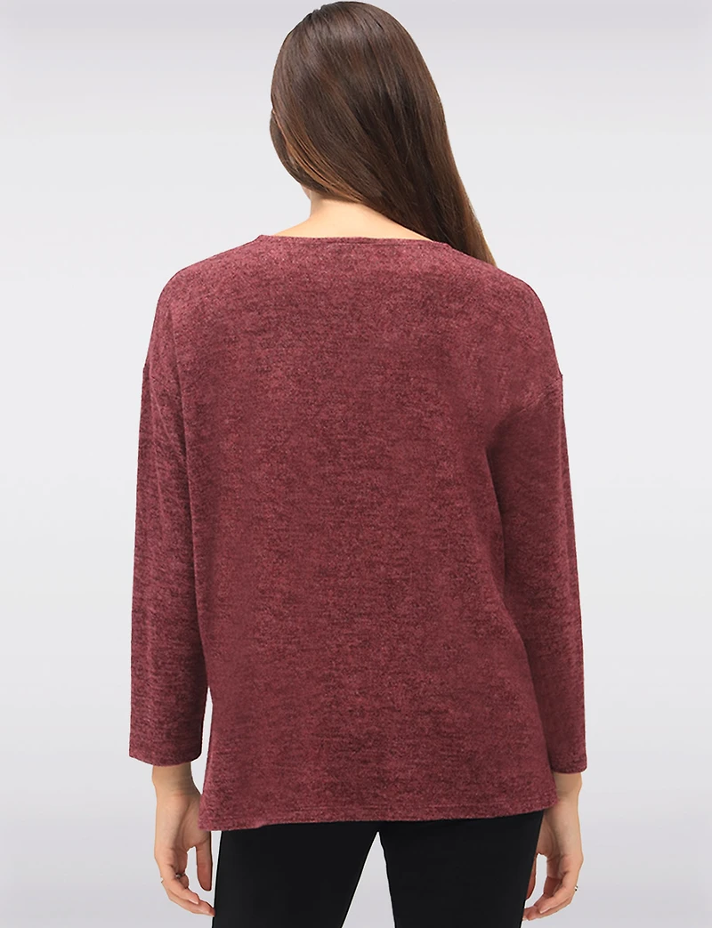 Soft Long-Sleeve Brushed Heather Knit Sweater with Side Button Details by Perle
