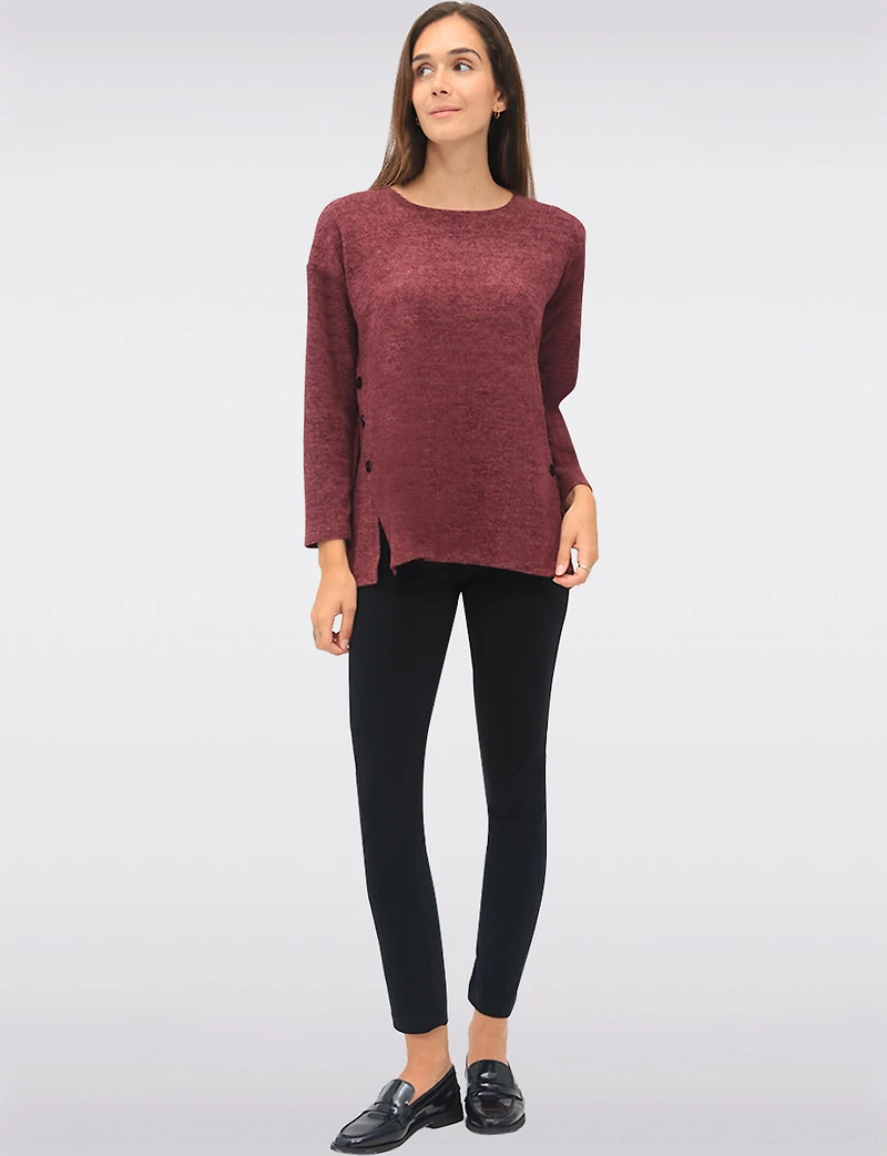 Soft Long-Sleeve Brushed Heather Knit Sweater with Side Button Details by Perle