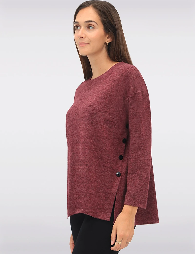Soft Long-Sleeve Brushed Heather Knit Sweater with Side Button Details by Perle