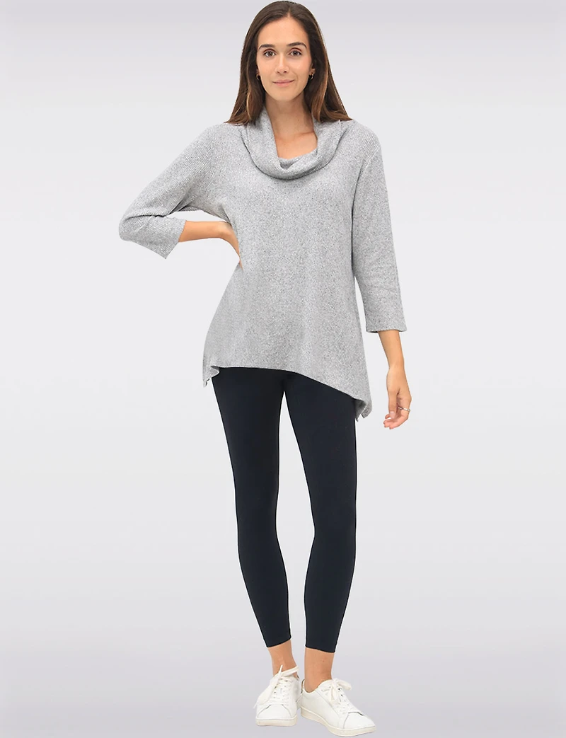 Cozy Ribbed Knit Cowl Neck 3/4 Sleeves Tunic with Side Slits by Perle
