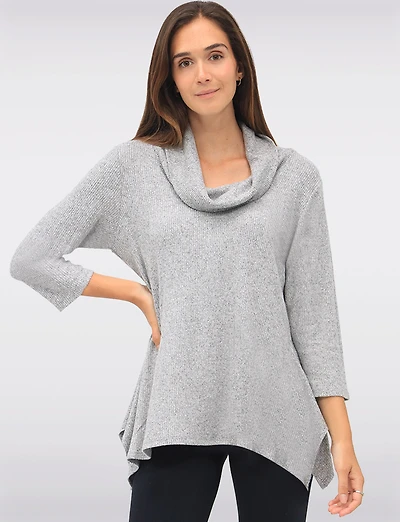 Cozy Ribbed Knit Cowl Neck 3/4 Sleeves Tunic with Side Slits by Perle