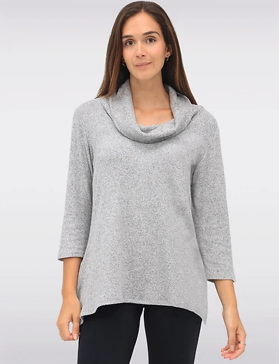 Cozy Ribbed Knit Cowl Neck 3/4 Sleeves Tunic with Side Slits by Perle