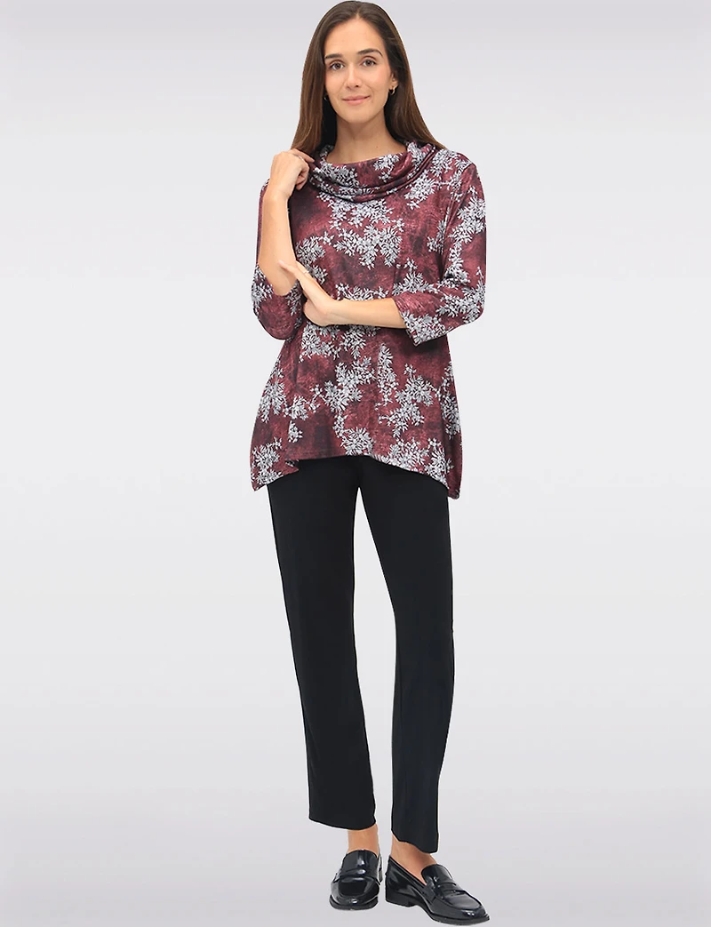 Floral Knit 3/4 Sleeves Cowl Neck Tunic with Side Slits by Perle