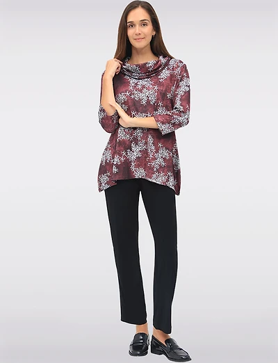 Floral Knit 3/4 Sleeves Cowl Neck Tunic with Side Slits by Perle