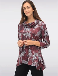 Floral Knit 3/4 Sleeves Cowl Neck Tunic with Side Slits by Perle