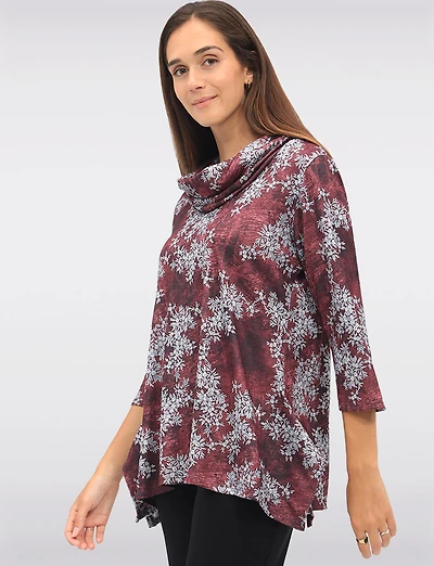 Floral Knit 3/4 Sleeves Cowl Neck Tunic with Side Slits by Perle