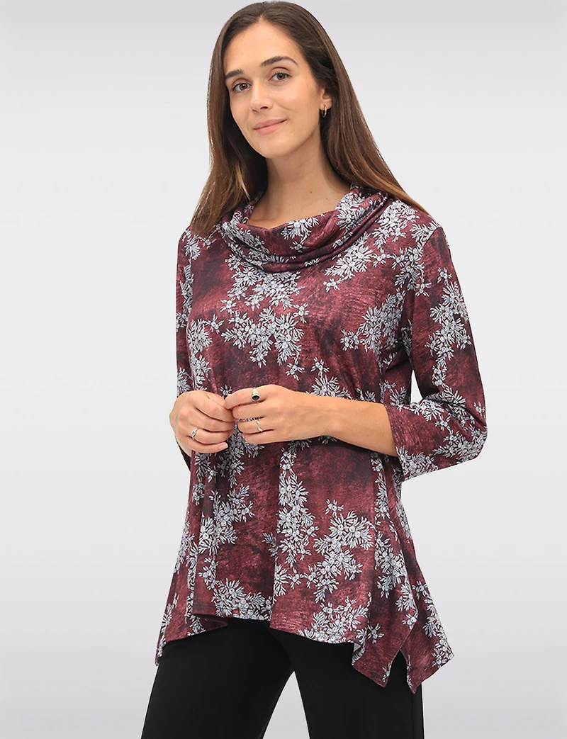 Floral Knit 3/4 Sleeves Cowl Neck Tunic with Side Slits by Perle