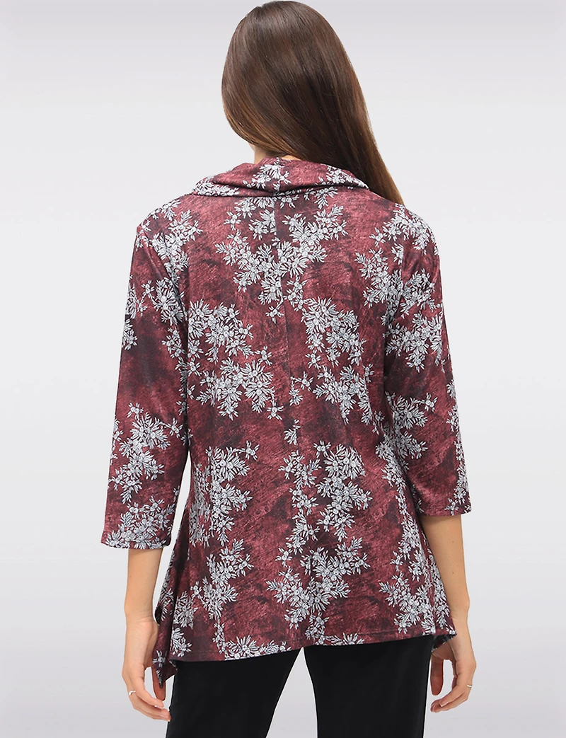Floral Knit 3/4 Sleeves Cowl Neck Tunic with Side Slits by Perle
