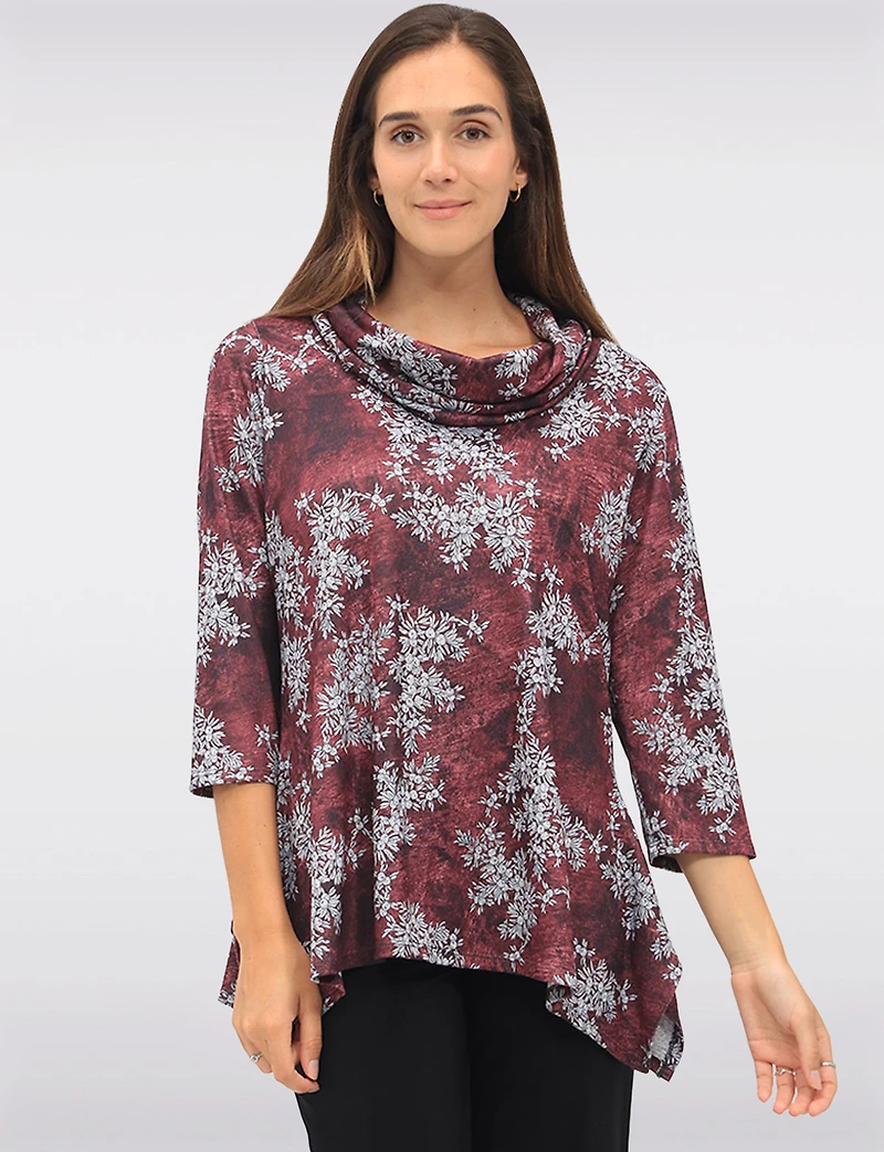 Floral Knit 3/4 Sleeves Cowl Neck Tunic with Side Slits by Perle