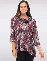 Floral Knit 3/4 Sleeves Cowl Neck Tunic with Side Slits by Perle