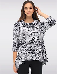 Chic Printed Knit 3/4 Sleeves Cowl Neck Tunic with Side Slits by Vamp