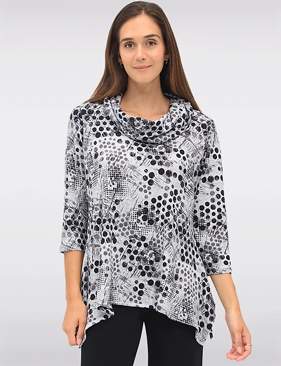 Chic Printed Knit 3/4 Sleeves Cowl Neck Tunic with Side Slits by Vamp