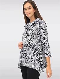 Chic Printed Knit 3/4 Sleeves Cowl Neck Tunic with Side Slits by Vamp