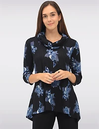 Floral Print Knit 3/4 Sleeves Cowl Neck Tunic with Side Slits by Perle