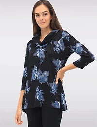 Floral Print Knit 3/4 Sleeves Cowl Neck Tunic with Side Slits by Perle