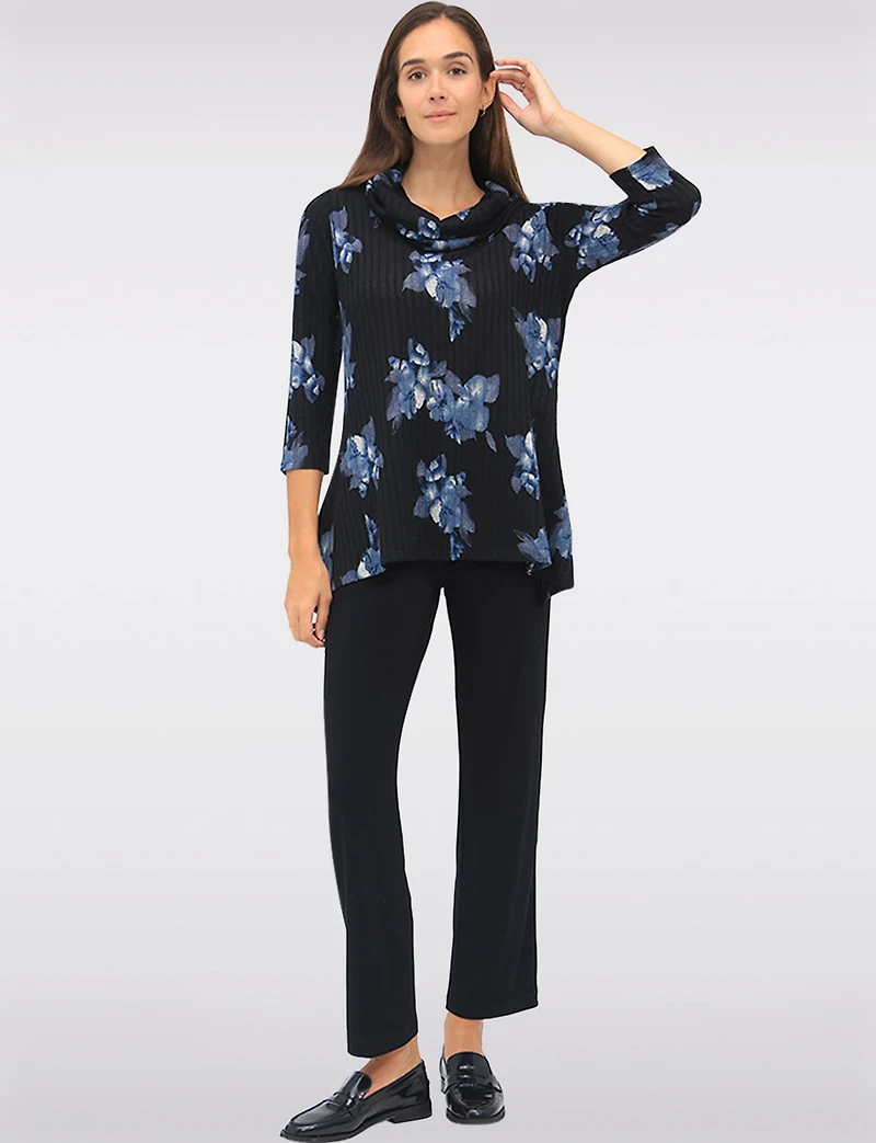 Floral Print Knit 3/4 Sleeves Cowl Neck Tunic with Side Slits by Perle