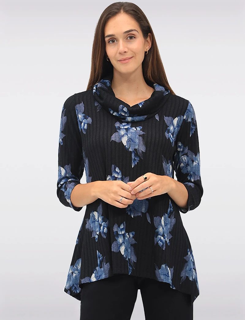 Floral Print Knit 3/4 Sleeves Cowl Neck Tunic with Side Slits by Perle