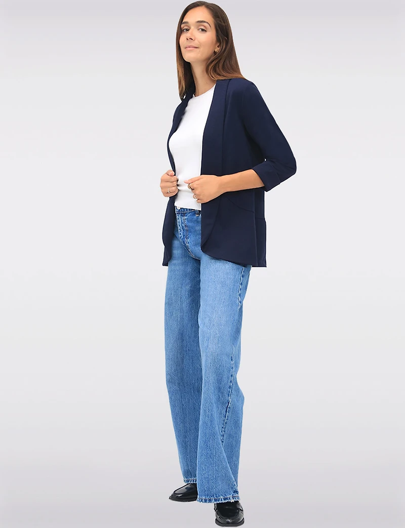 Sleek Stretch 3/4 Sleeve Blazer with Roll Cuffs and Rounded Hemline by Perle