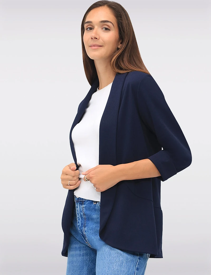 Sleek Stretch 3/4 Sleeve Blazer with Roll Cuffs and Rounded Hemline by Perle