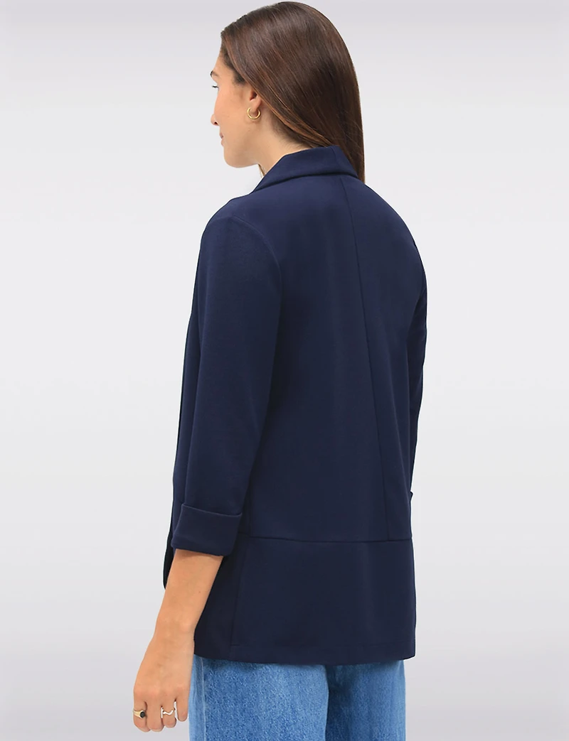 Sleek Stretch 3/4 Sleeve Blazer with Roll Cuffs and Rounded Hemline by Perle