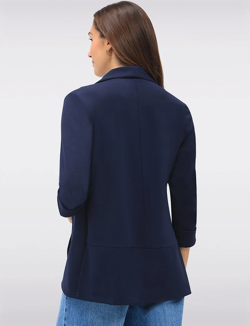 Sleek Stretch 3/4 Sleeve Blazer with Roll Cuffs and Rounded Hemline by Perle