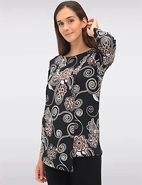 Chic Embossed Floral Knit 3/4 Sleeve Crew Neck Tunic with Angled Hem by Perle
