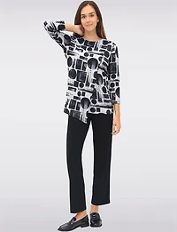 Black Geometric Printed Crew Neck Knit Tunic with Asymmetrical Hem by Perle