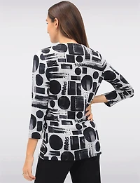 Black Geometric Printed Crew Neck Knit Tunic with Asymmetrical Hem by Perle