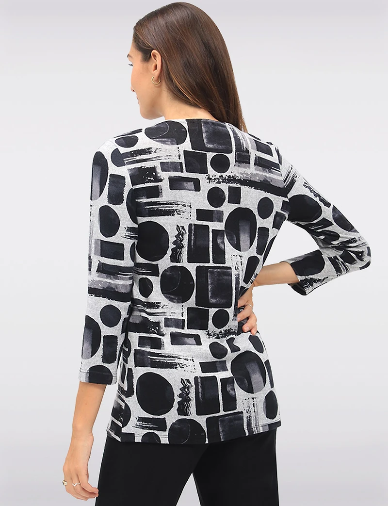 Black Geometric Printed Crew Neck Knit Tunic with Asymmetrical Hem by Perle