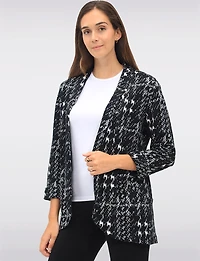 Open-Front Textured Jacquard Cuffed 3/4 Sleeves & Rounded Hem Blazer by Perle