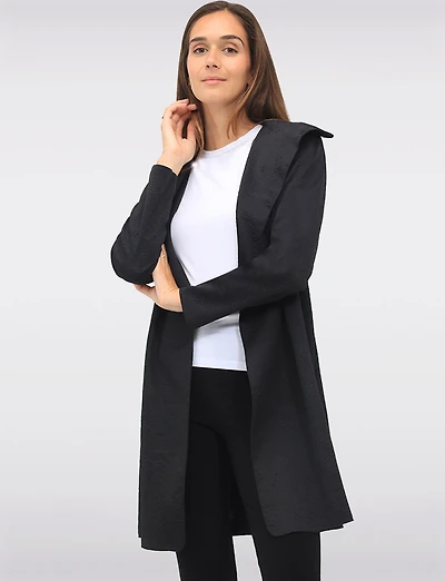 Draped Front Long Cardigan with Floral Jacquard & Waterfall Collar by Perle