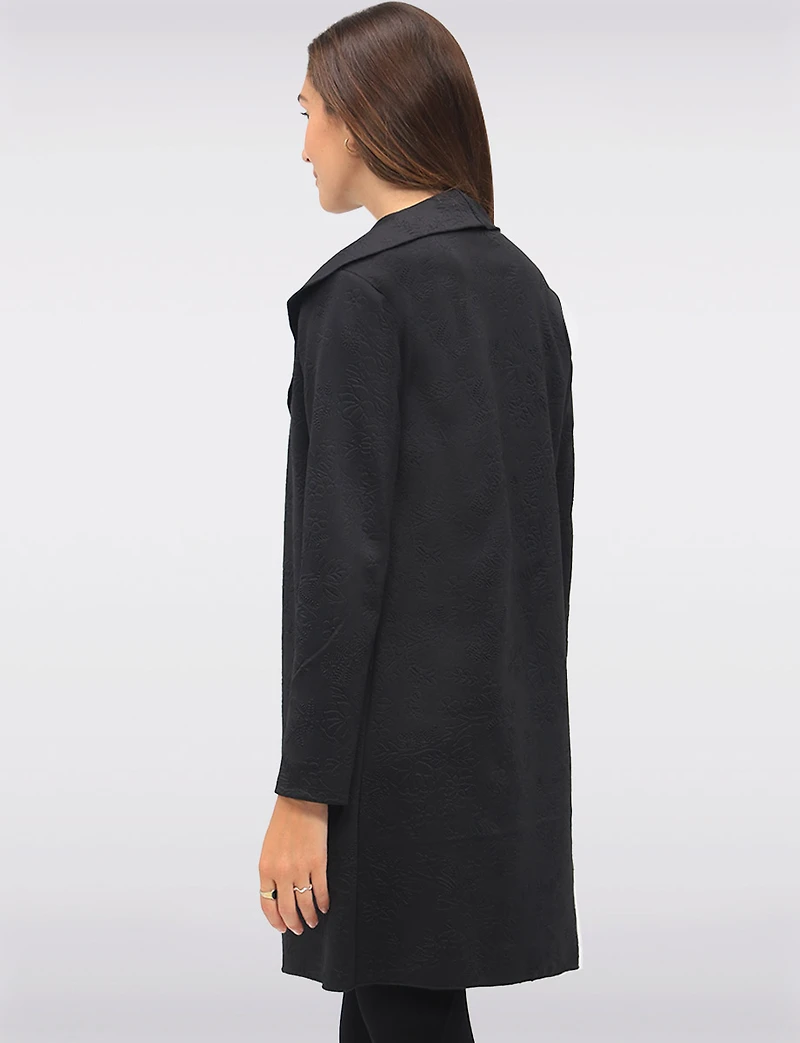 Draped Front Long Cardigan with Floral Jacquard & Waterfall Collar by Perle