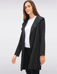 Draped Front Long Cardigan with Floral Jacquard & Waterfall Collar by Perle