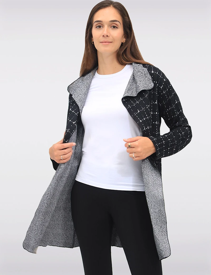 Flowy Draped-Front Textured Jacquard Print Cardigan with Long Sleeves  by Perle