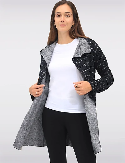 Flowy Draped-Front Textured Jacquard Print Cardigan with Long Sleeves  by Perle