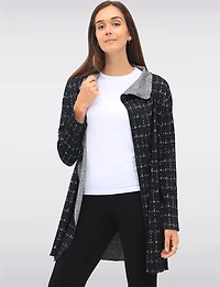 Flowy Draped-Front Textured Jacquard Print Cardigan with Long Sleeves  by Perle