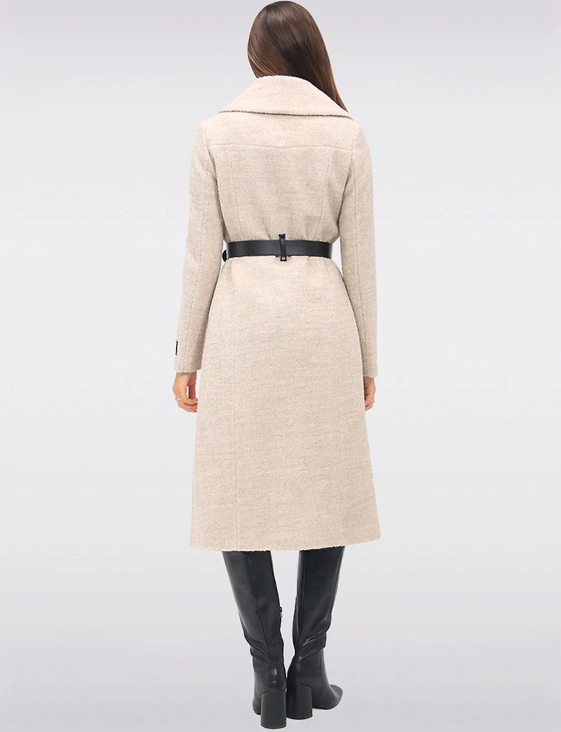 Jenny Long Straight Cut Boucle Twill Coat Vegan Leather Belt and Trim by Sicily