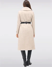Jenny Long Straight Cut Boucle Twill Coat Vegan Leather Belt and Trim by Sicily