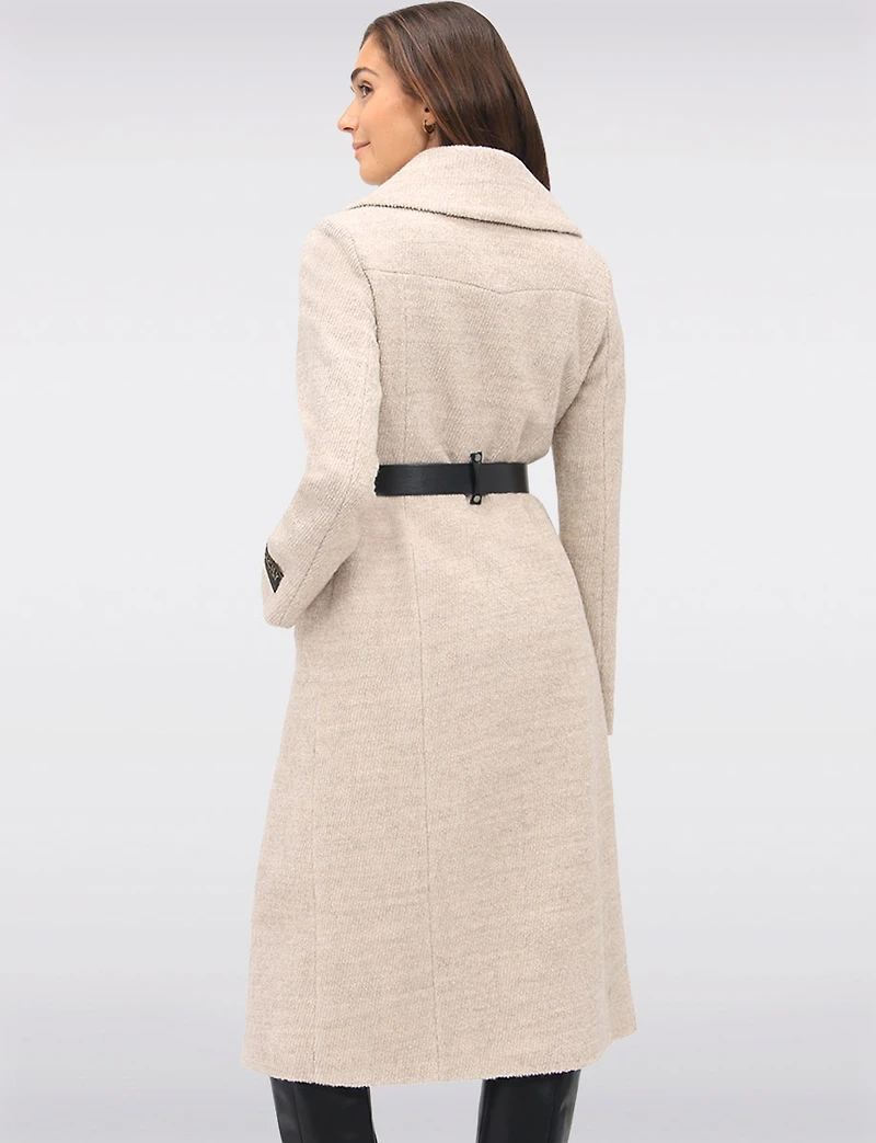 Jenny Long Straight Cut Boucle Twill Coat Vegan Leather Belt and Trim by Sicily