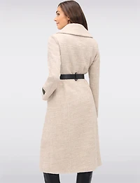 Jenny Long Straight Cut Boucle Twill Coat Vegan Leather Belt and Trim by Sicily