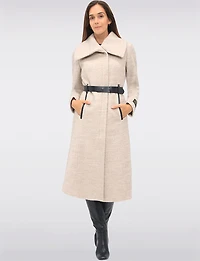 Jenny Long Straight Cut Boucle Twill Coat Vegan Leather Belt and Trim by Sicily