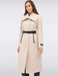 Jenny Long Straight Cut Boucle Twill Coat Vegan Leather Belt and Trim by Sicily