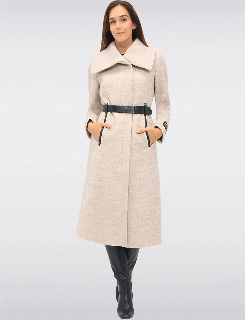 Jenny Long Straight Cut Boucle Twill Coat Vegan Leather Belt and Trim by Sicily