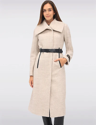 Jenny Long Straight Cut Boucle Twill Coat Vegan Leather Belt and Trim by Sicily