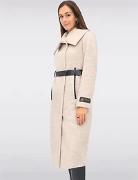 Jenny Long Straight Cut Boucle Twill Coat Vegan Leather Belt and Trim by Sicily