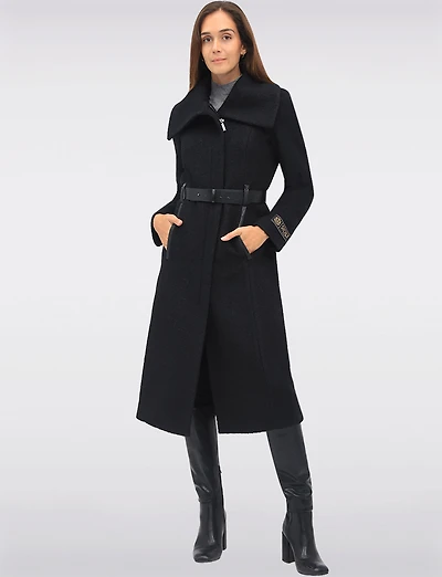 Jenny Long Straight Cut Boucle Twill Coat Vegan Leather Belt and Trim by Sicily
