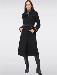 Jenny Long Straight Cut Boucle Twill Coat Vegan Leather Belt and Trim by Sicily